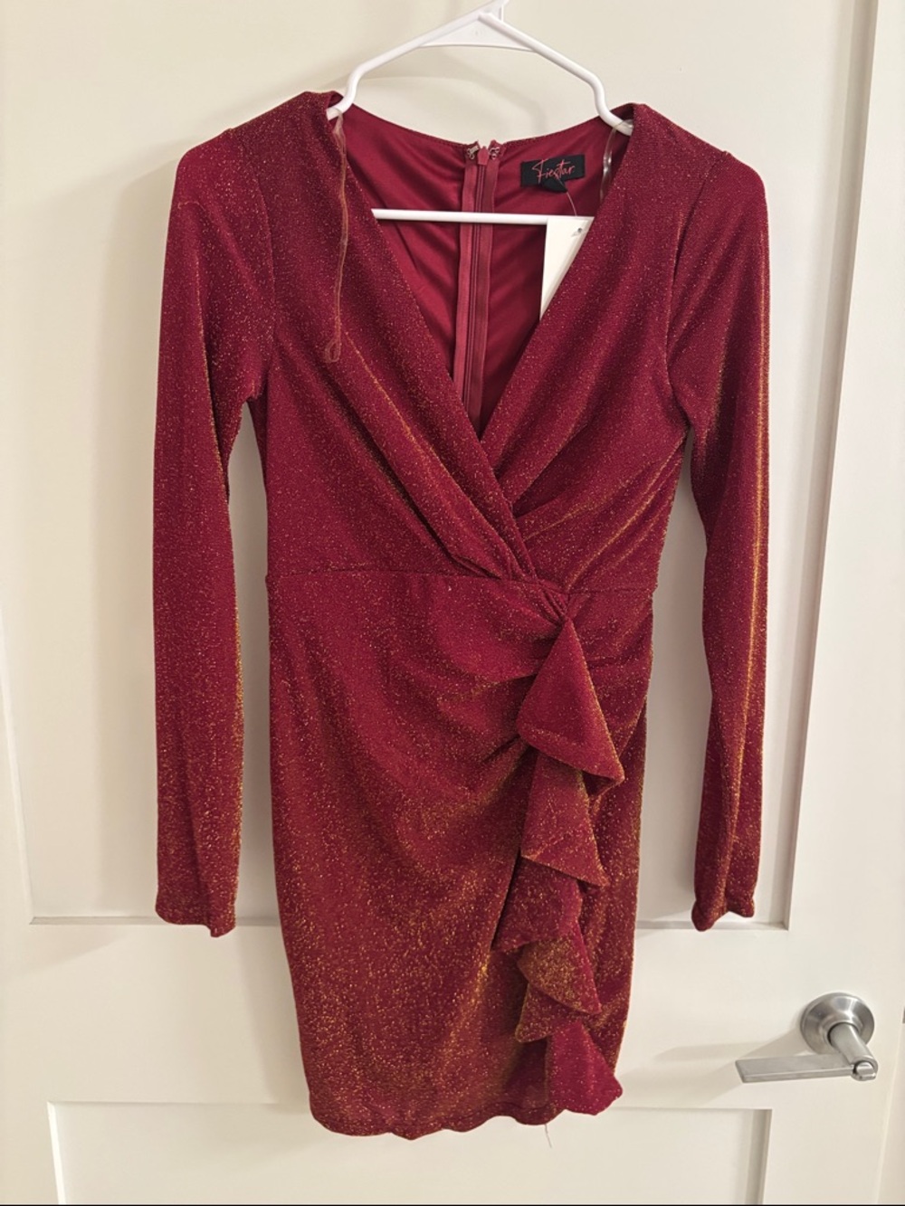 Women's Red Sparkle Wrap-Front Ruffle Romper